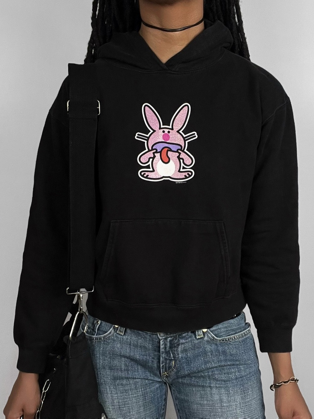 Rare Y2K Vintage Glitter It's Happy Bunny Hoodie Sweatshirt Grunge Jim Benton